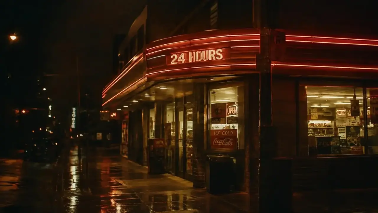 街道便利店的守夜人 首屏画面：深夜街道上亮着暖橙色灯的便利店