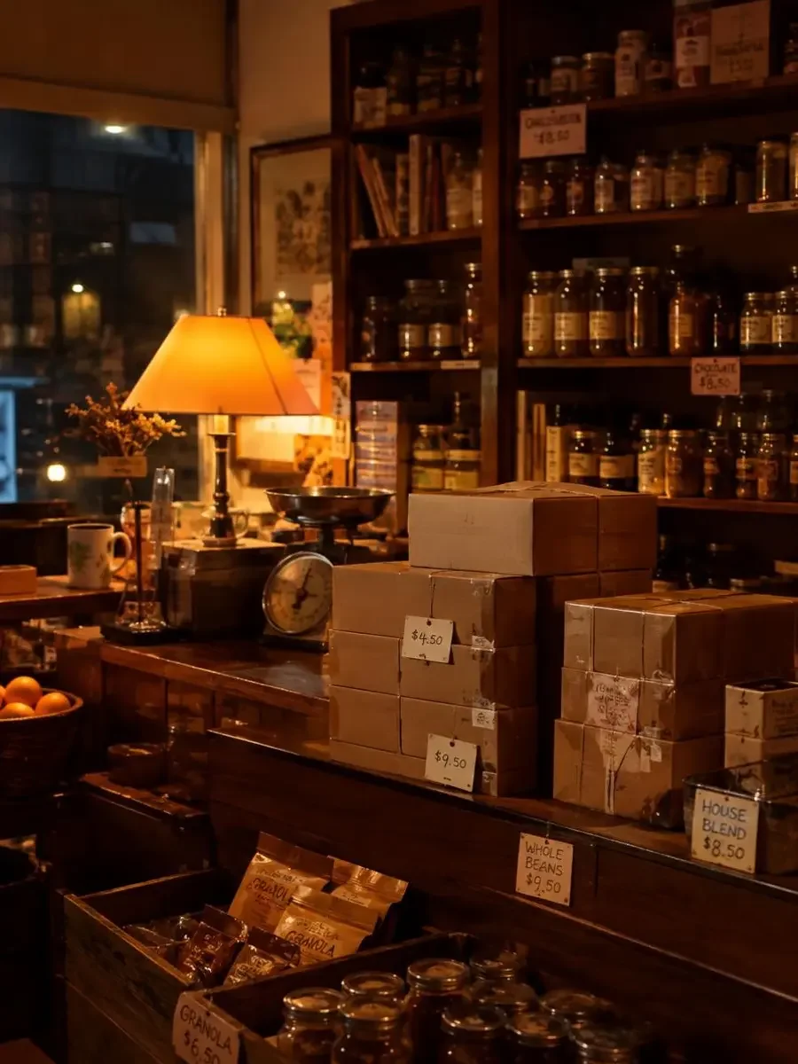 网店只卖「明天再来」短剧封面:夜里的小卖部柜台,堆着整齐的纸箱与手写价签