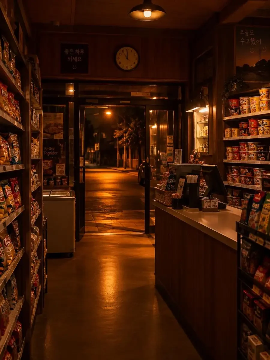街道便利店的守夜人 短剧封面：深夜便利店暖橙色灯光照在空荡街道上，货架上摆满夜宵